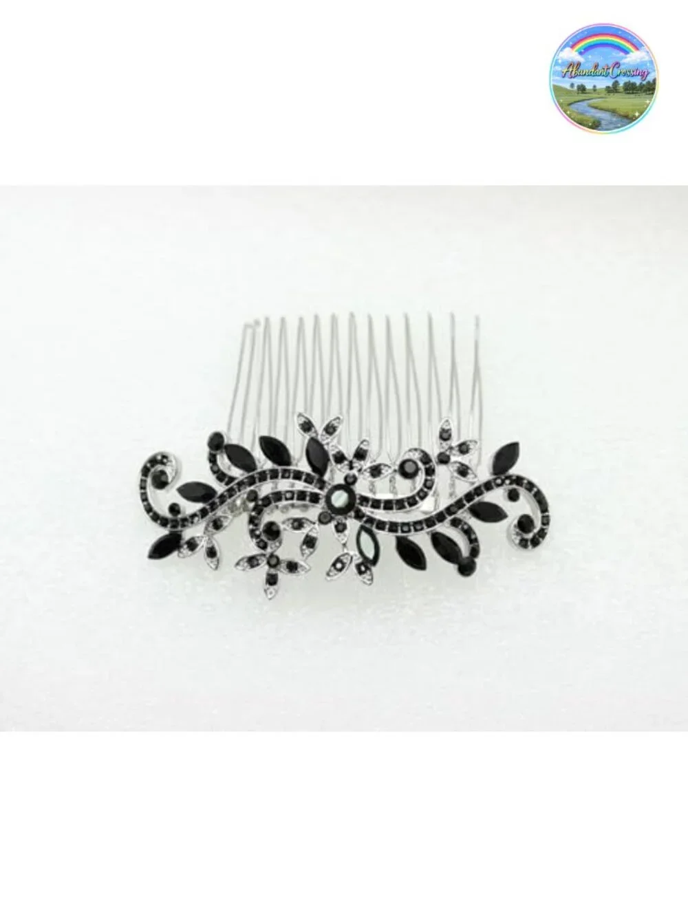 Black Rhinestone Crystal Floral Hair Comb, Silver-tone Alloy Metal